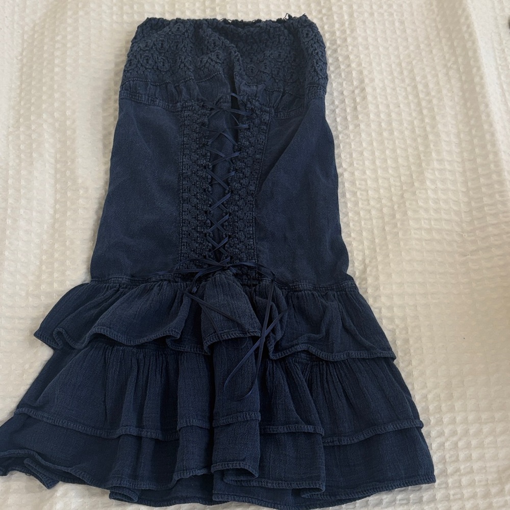 Navy Strapless Ruffle Dress - Picture 2 of 3